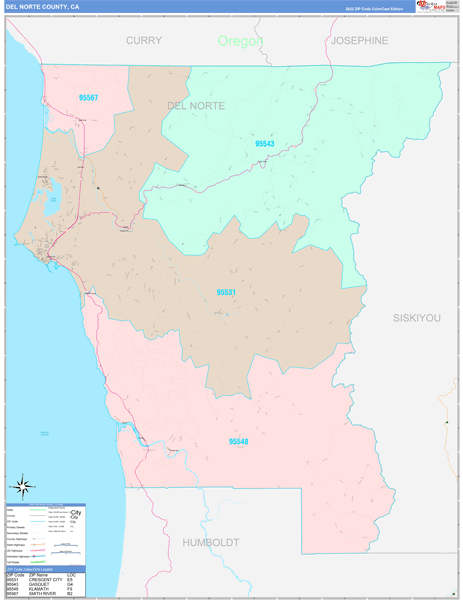 Del Norte County, CA Wall Map Color Cast Style